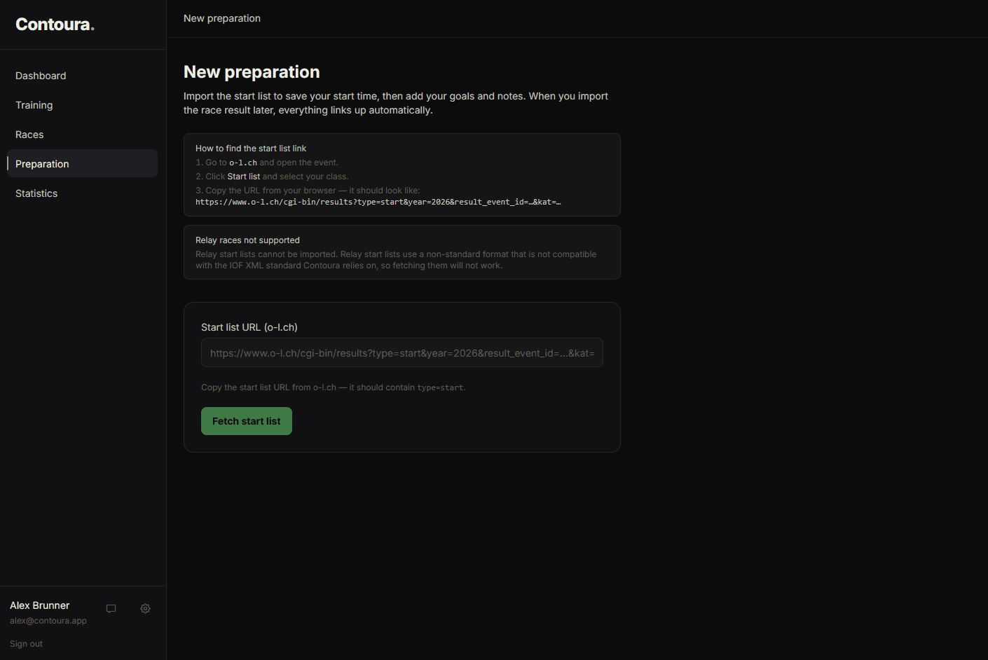 New preparation page with start-list import and goal notes